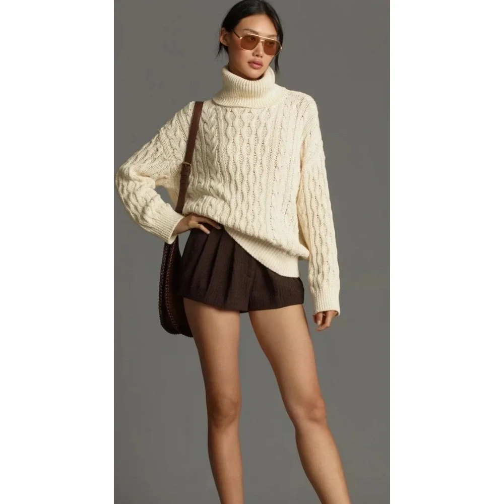 Pilcro Anthropologie Cream Cable Knit Turtleneck Sweater XL Chunky
